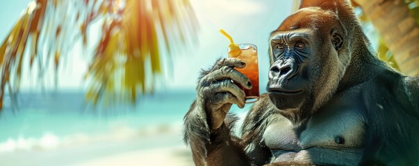 Wall Mural - A gorilla is sitting on a chair and holding a cup of orange juice. Free copy space for text.