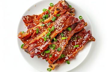 Wall Mural - Asian pork ear appetizer with sesame seeds green onion spicy sauce White background Top view