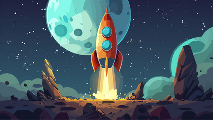 Wall Mural - spaceship takes off from the surface of the moon cartoon game background spacecraft lunar module moo