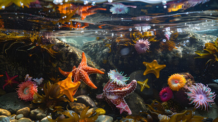 Wall Mural - A starfish is in a body of water with rocks and shells