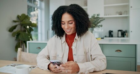 Poster - Woman, texting and laugh in home with cellphone, online and table in kitchen for communication. Technology, connection or dating app for female person, social media or website for love in living room