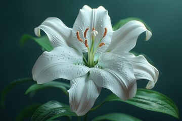 Wall Mural - The image captures a pristine white lily in full bloom, with elegant petals curving outward. Golden stamens in the center add contrast and warmth, making the flower stand out beautifully.