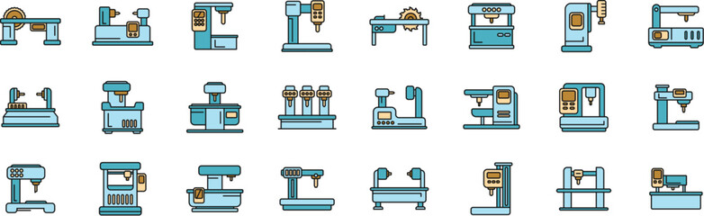 Poster - cnc machine icons set outline vector. mill controller. router tool thin line color flat on white