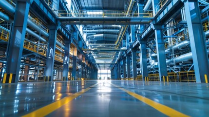 Poster - Wide shot of a modern industrial facility shows steel structures and concrete floors. The focus is on a long pathway, highlighting the factorys scale and efficiency