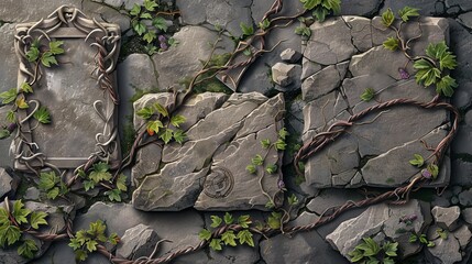 Wall Mural - Stone game menu elements, including buttons, plaques, frames, and arrows with a rocky texture, featuring vines, ropes, and leaves 