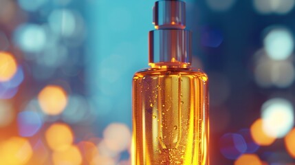 Wall Mural - Close Up of a Glass Bottle of Serum With a Dropper, Blurred City Lights Background