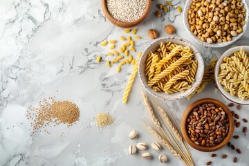 Pasta Grains. High Fiber Healthy Diet with Whole Wheat Pasta, Grains, and Nuts on Rustic Marble Background