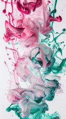 Wall Mural - Vibrant swirls of pink and green liquid paint blend artfully