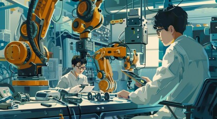 Poster - engineers working with robotic arms in a high-tech laboratory