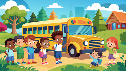 A group of elementary school children getting on a yellow school bus, with a smiling bus driver. The children are of different races and ages, and the background shows a grassy landscape with trees