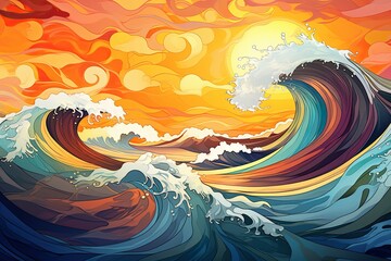 Wall Mural - Dive into an expressive dreamscape painted with acrylic, where mesmerizing digital waves bring the fantasy landscape to life through bold brush strokes.
