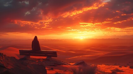 Wall Mural - a lone traveler sits on a weathered bench, overlooking a vast desert landscape. sand dunes and a vib