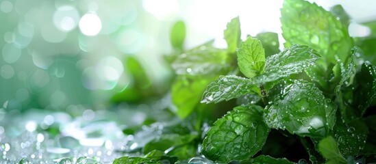 Wall Mural - Fresh Mint Leaves with Dew Drops