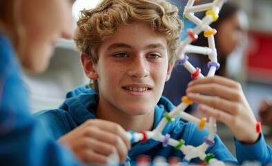 Poster - Teenage student engaged in building molecular model during science class