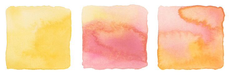  Ink watercolor hand drawn square stain blot. Wet Yellow, pink pastel color paper texture background. Set.