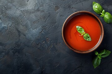 Sticker - Bowl of tomato soup with basil on dark background top view with copy space