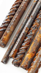 Close-up of deformed steel bars with rust spots, isolated on white, highlighting their weathered texture and industrial feel, ideal for construction imagery