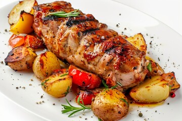 Canvas Print - Chef s festive dish pork tenderloin with potatoes and bell pepper White background