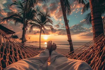 Wall Mural - feet in white pyjamas lying on a hammock, with palm trees and a beach at sunset Generative AI