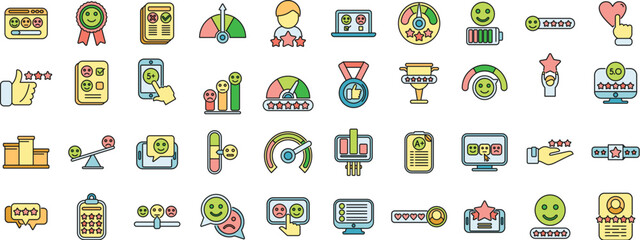 Poster - satisfaction level icons set outline vector. customer smile. bad fail thin line color flat on white