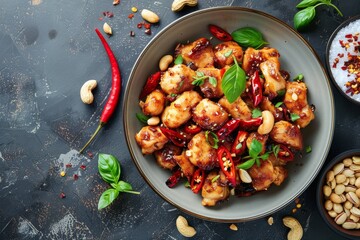 Sticker - Chicken kung pao with peanuts and peppers top view photo