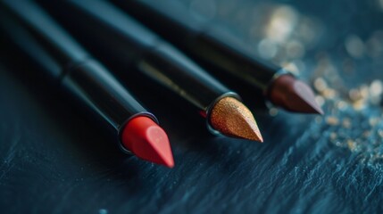 Wall Mural - Close-Up of Red, Gold, and Brown Lip Liners on Blue Background