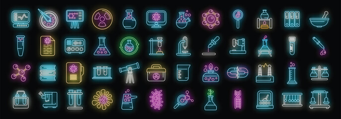 Poster - Laboratory research icons set outline vector. Science dna. Medicine microscope neon color on black