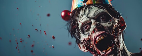 A zombie clown with a red hat and a skull on his face. Free copy space for text.