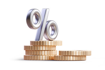 Wall Mural - percentage sign with stack of coins isolated on white background. concepts of the banking system, ri