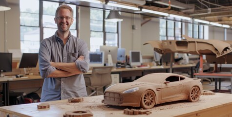 Poster - Man standing next to a clay car model in an automotive design studio with 3D tools and computers