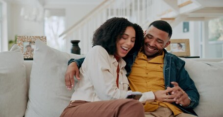 Poster - Celebration, mobile and couple with high five on sofa for winning, online gambling or lotto success in living room. Home, smartphone and excited woman with man for achievement, app or notification