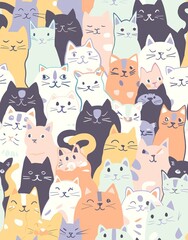 Wall Mural - Seamless doodle cat pattern illustration. Cartoon style pastel color kittens. High quality AI generated image