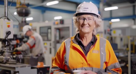 Poster - Confident senior woman engineer in safety gear smiling in an industrial workshop