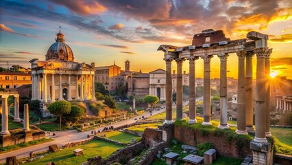 Wall Mural - Ancient ruins of Roman Forum at sunrise, Rome, Italy