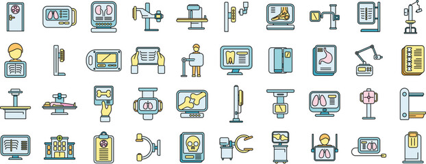 Wall Mural - X-ray examination icons set outline vector. Hospital room. Medical department thin line color flat on white