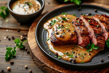 Wall Mural - Closeup of wooden background with delicious roasted meat and peppercorn sauce on plate