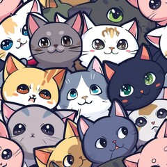 Wall Mural - Seamless Pattern with Cute Cat colorful Illustration Design Background. Cute cartoon style cat pattern. High quality AI generated image