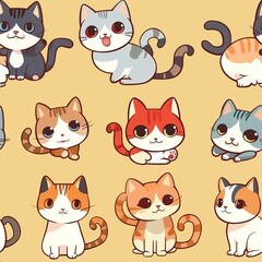 Seamless Pattern with Cute Cat colorful Illustration Design Background. Cute cartoon style cat pattern. High quality AI generated image