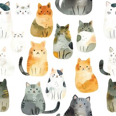 Wall Mural - Seamless Pattern with Hand Drawn Cartoon Cat Illustration Design on White Background. Cute kitten pattern. High quality AI generated image