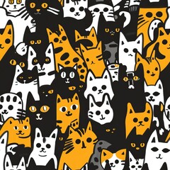 Wall Mural - Seamless doodle cat pattern illustration. Cartoon style colorful kittens. High quality AI generated image