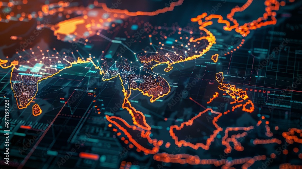Futuristic high-tech digital map of Asia-Pacific with glowing data ...