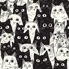 Wall Mural - Seamless pattern of black or colorful cats doodle background, Cartoon style doodle kitten illustration. High quality AI generated image