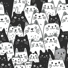 Wall Mural - Seamless pattern of black or colorful cats doodle background, Cartoon style doodle kitten illustration. High quality AI generated image