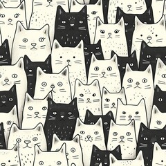 Wall Mural - Seamless pattern of black or colorful cats doodle background, Cartoon style doodle kitten illustration. High quality AI generated image