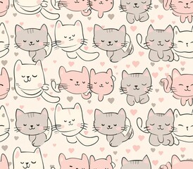 Wall Mural - Cute seamless pattern with pretty kittens. Great for baby fabric, textile, wallpaper. Cats. Cat cartoon style. Pastel Colors. High quality AI generated image