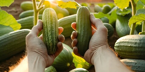 Poster - Harvest. Hands with cucumber vegetables against field