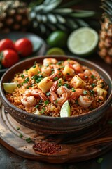 Sticker - a bowl of food with shrimp and pineapples