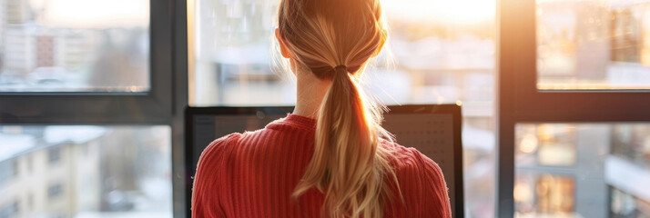 Poster - A woman sits at her desk in front of a computer, facing a large window. The sun shines through the window and onto her blonde hair