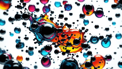 Poster - Vibrant, abstract image featuring interconnected spheres of liquid in various colors, including blue, orange, red, and black, against a white background