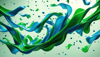 Poster - Green and blue paint splash in mid-air against white background. Paint is flowing and swirling, abstract and dynamic composition